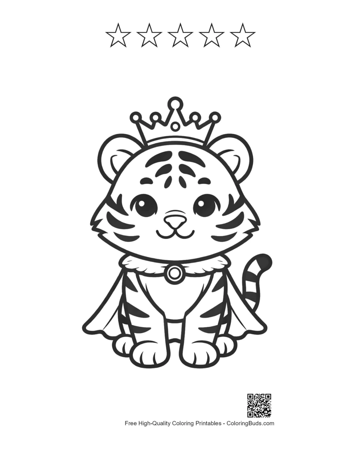 Crowned tiger cub with 5-star outline winter kingdom printable