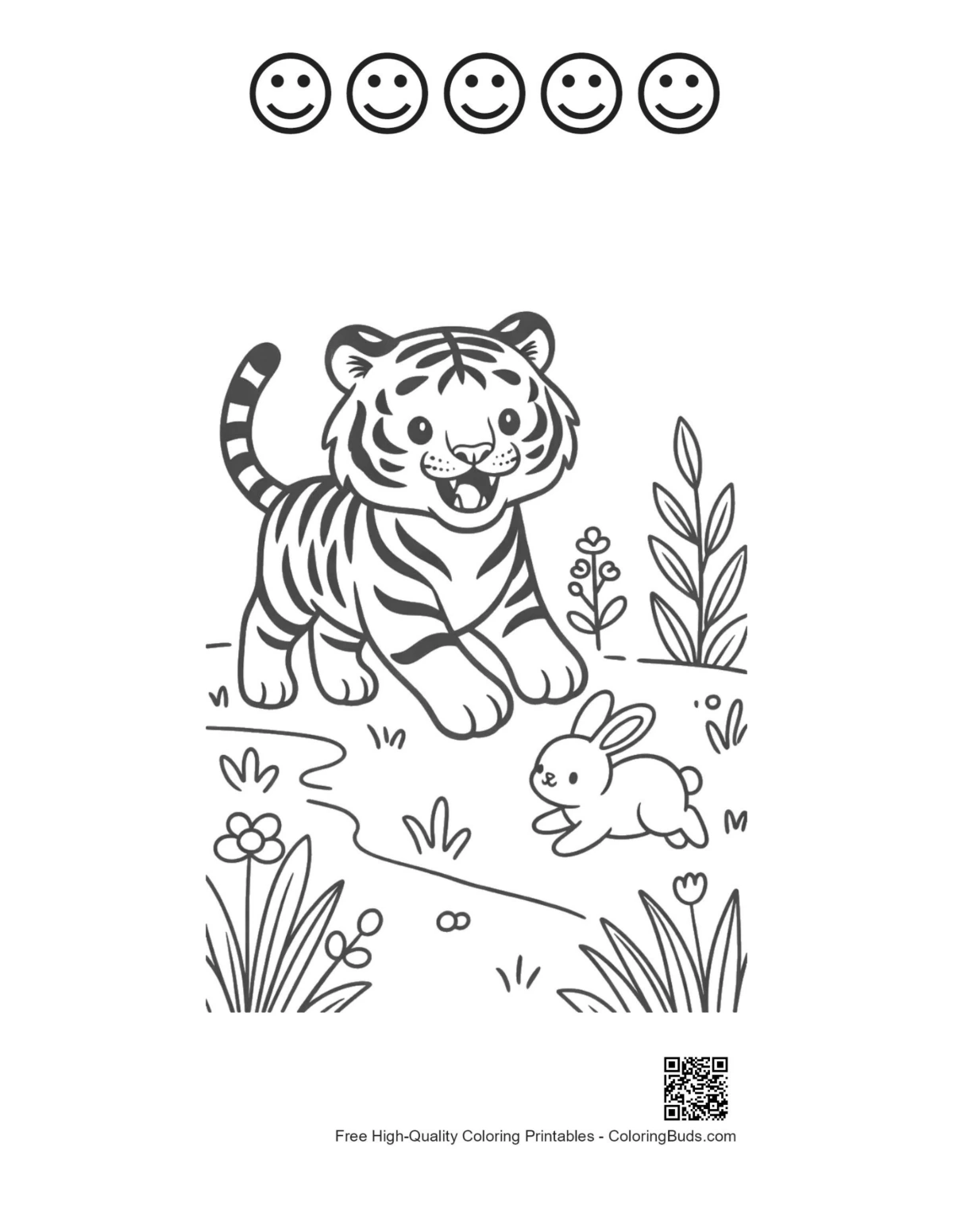 Siberian tiger cub bunny printable with 5 happy faces outlines