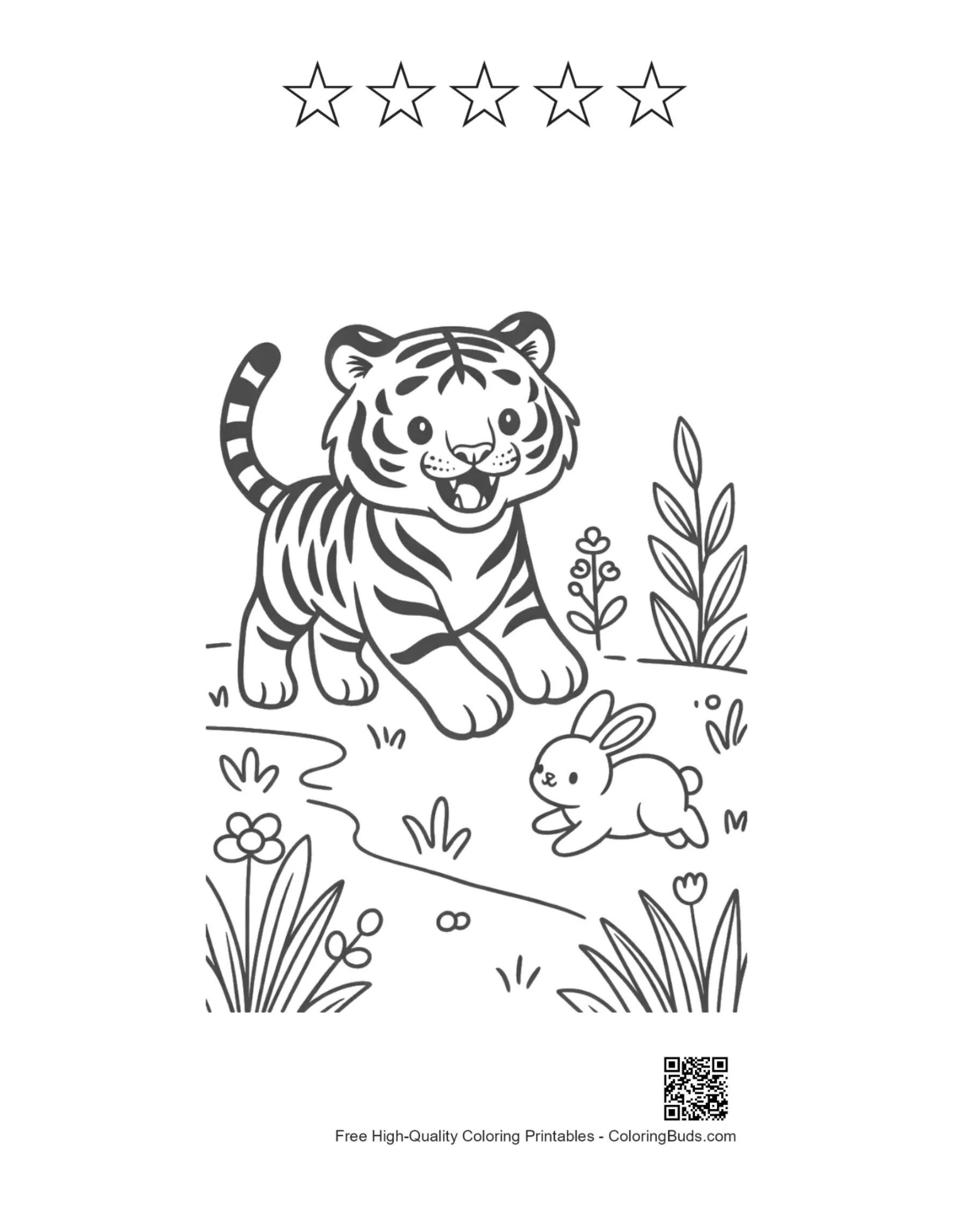 Tiger cub bunny meadow printable with 5 star outlines coloring