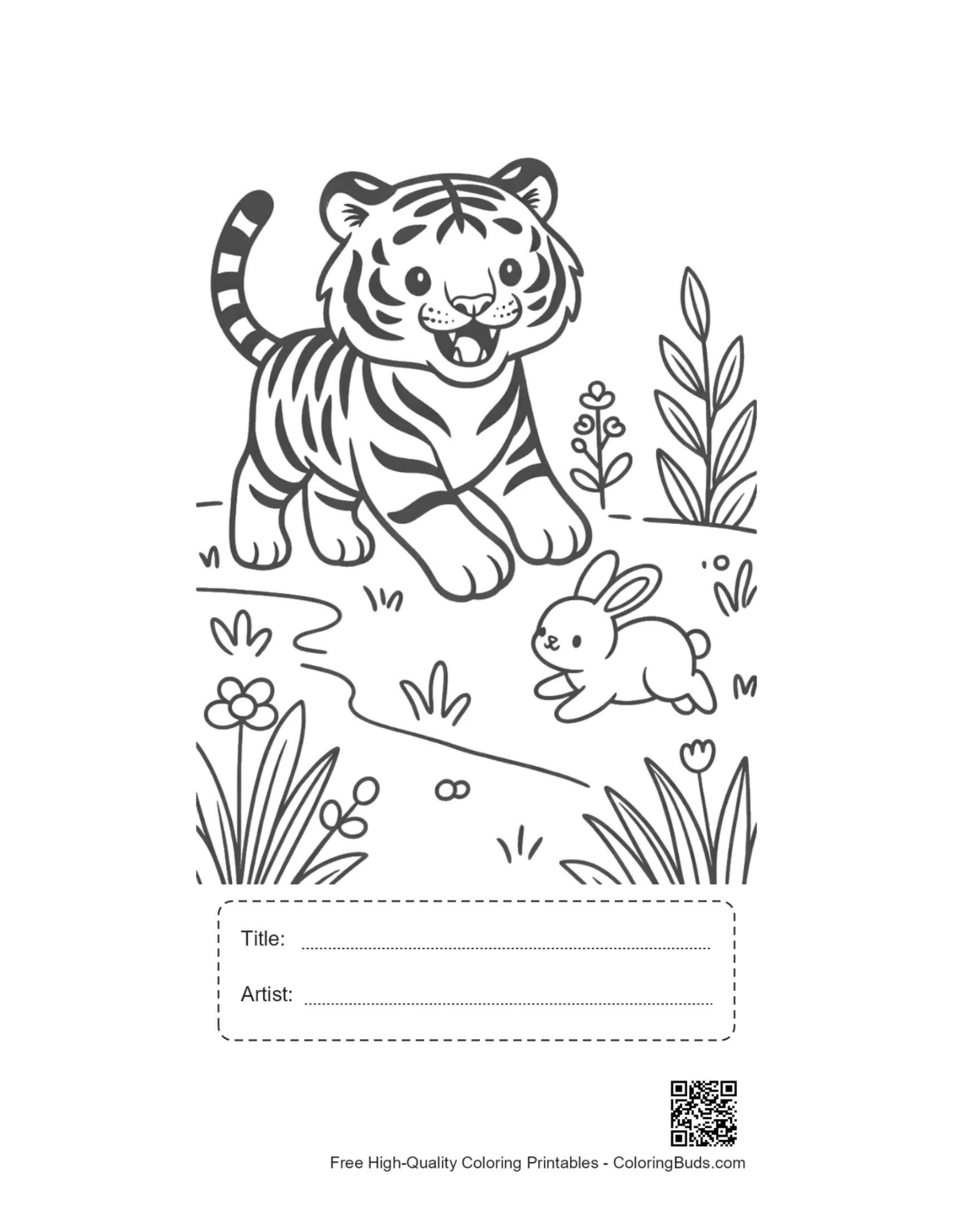 Siberian tiger cub bunny meadow printable with title artist box