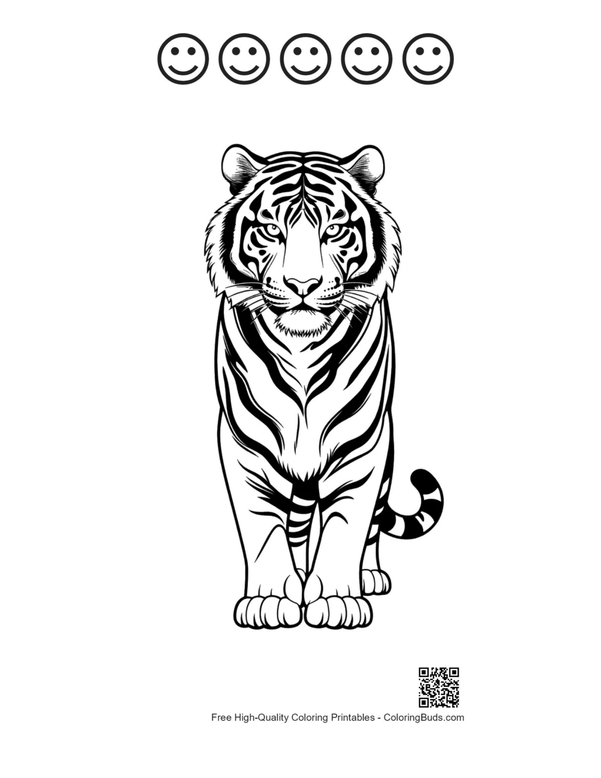 Dibujo lineal de un tigre siberiano con 5 caras felices para imprimir.