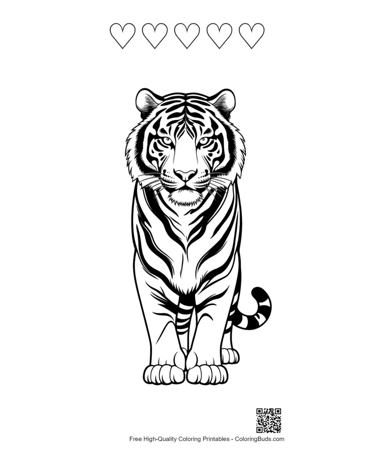 Imprimible de majestuoso tigre siberiano con contornos de corazones.