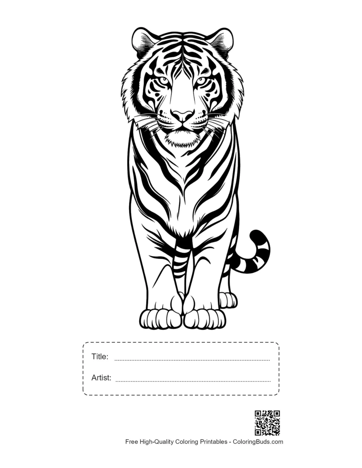 Ilustración lineal para imprimir de un majestuoso tigre siberiano con recuadro para título.