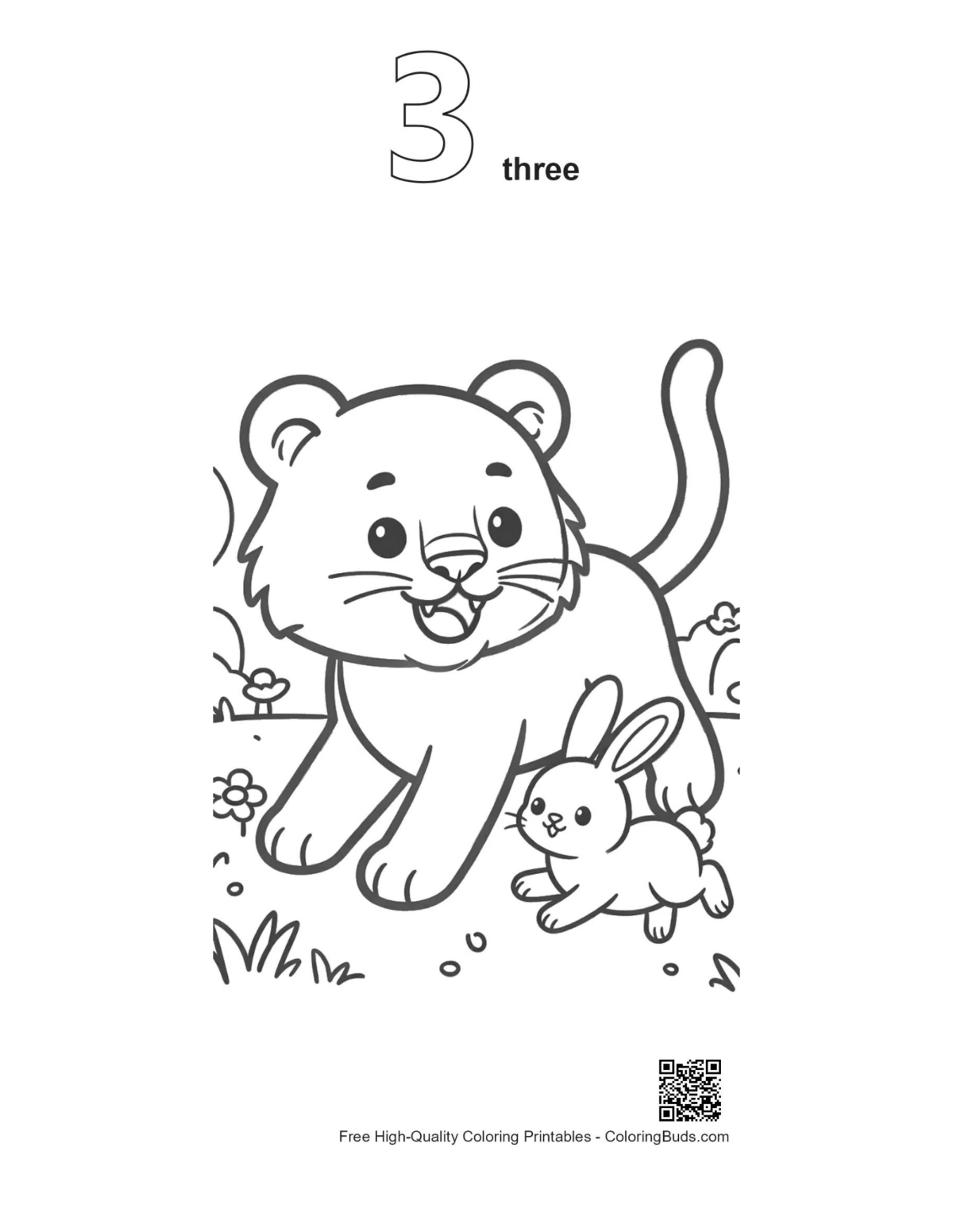 Baby tiger chasing bunny field outline number 3 printable