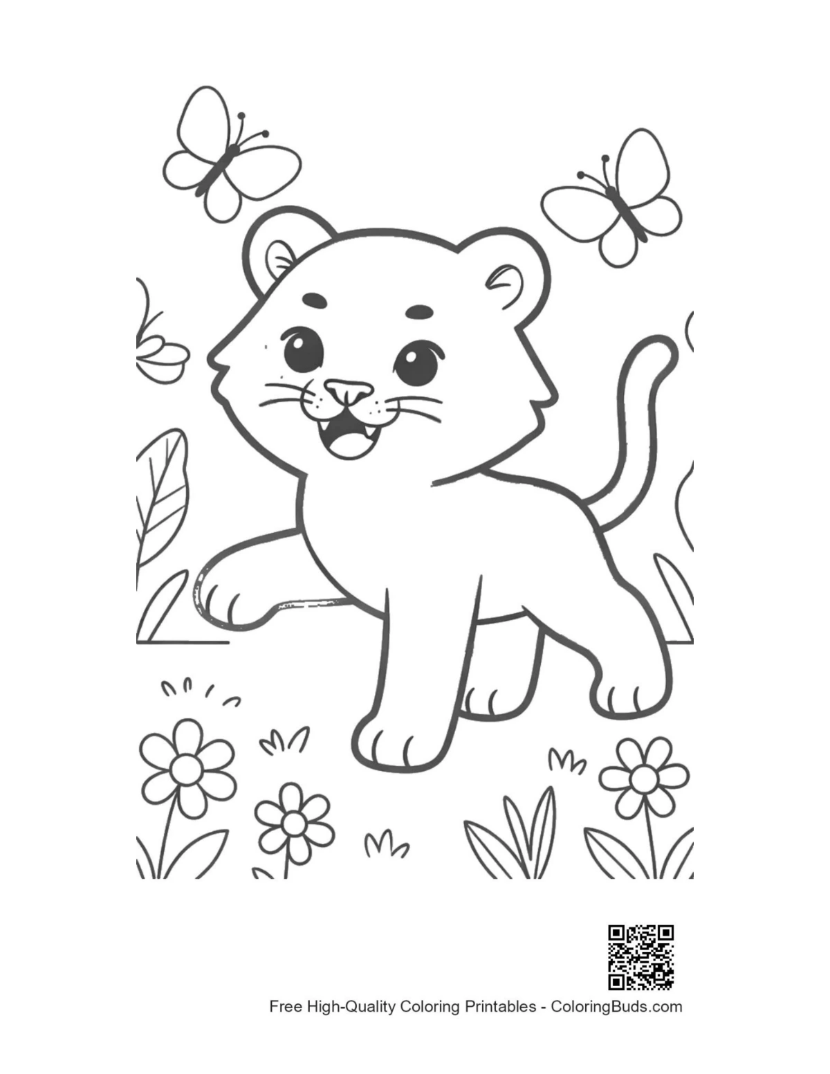 Siberian tiger cub playing with butterflies coloring page