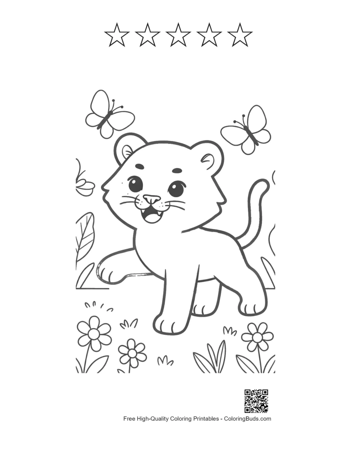 Siberian tiger cub with 5-star outline printable
