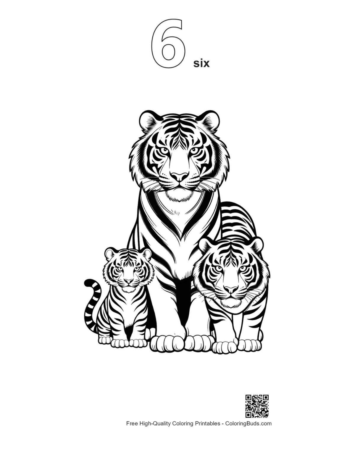 Siberian tiger family portrait outline number 6 coloring page
