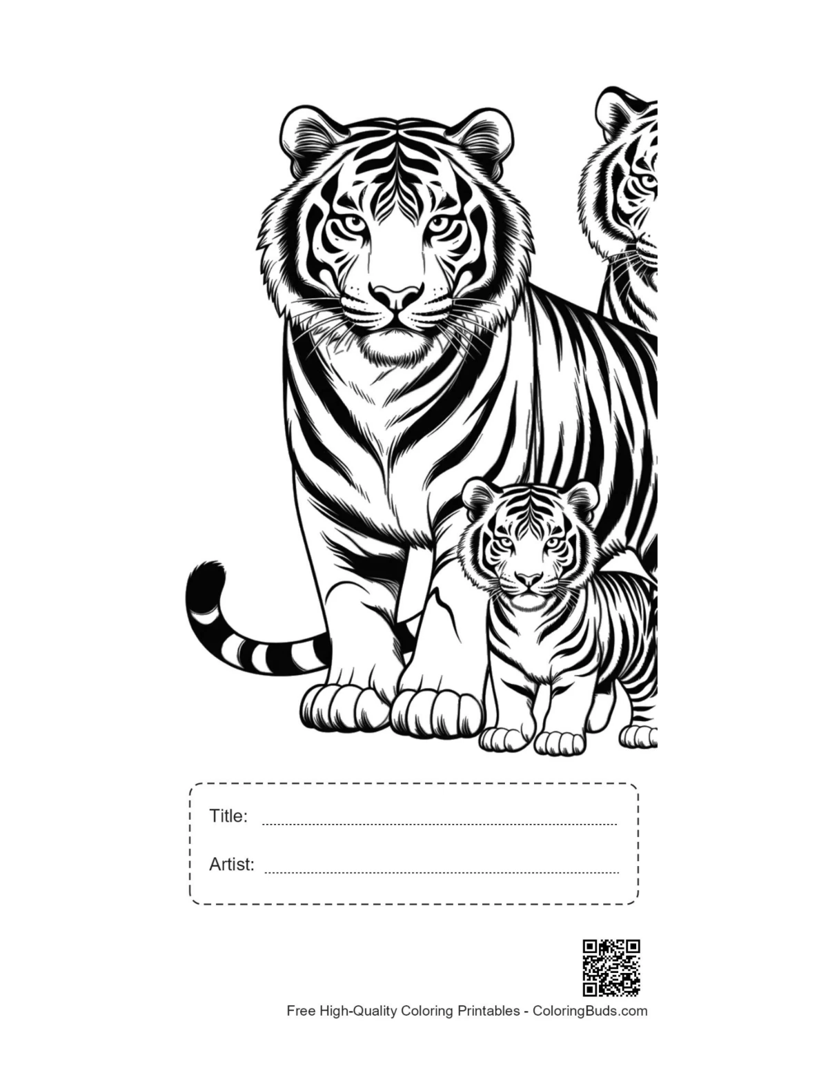 Retrato familiar de tigres siberianos para imprimir con recuadro de título