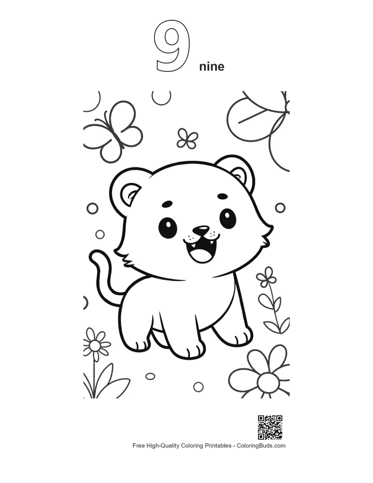 White tiger cub blossoms outline with number 9 coloring page
