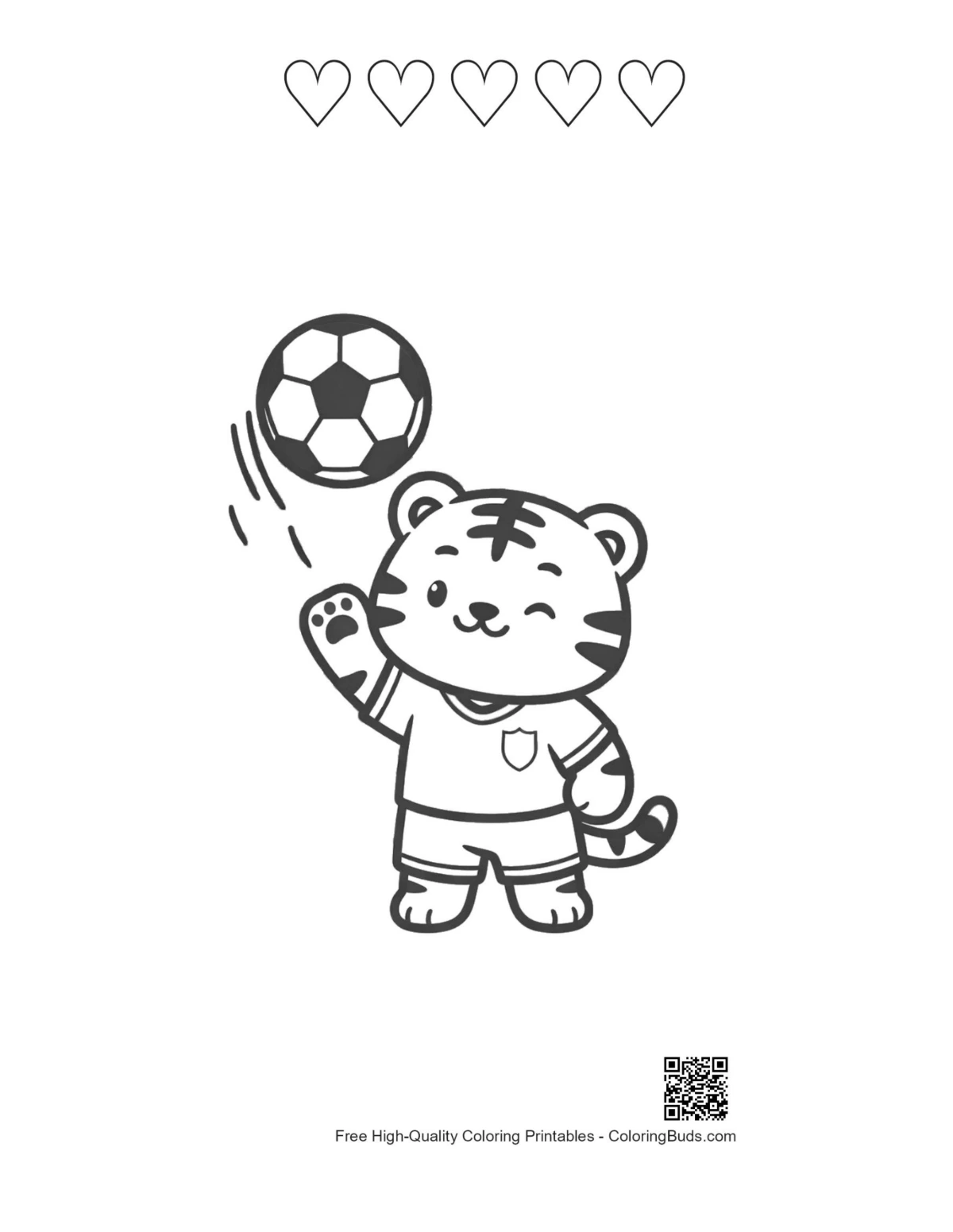 Baby white tiger soccer kick with heart outlines printable