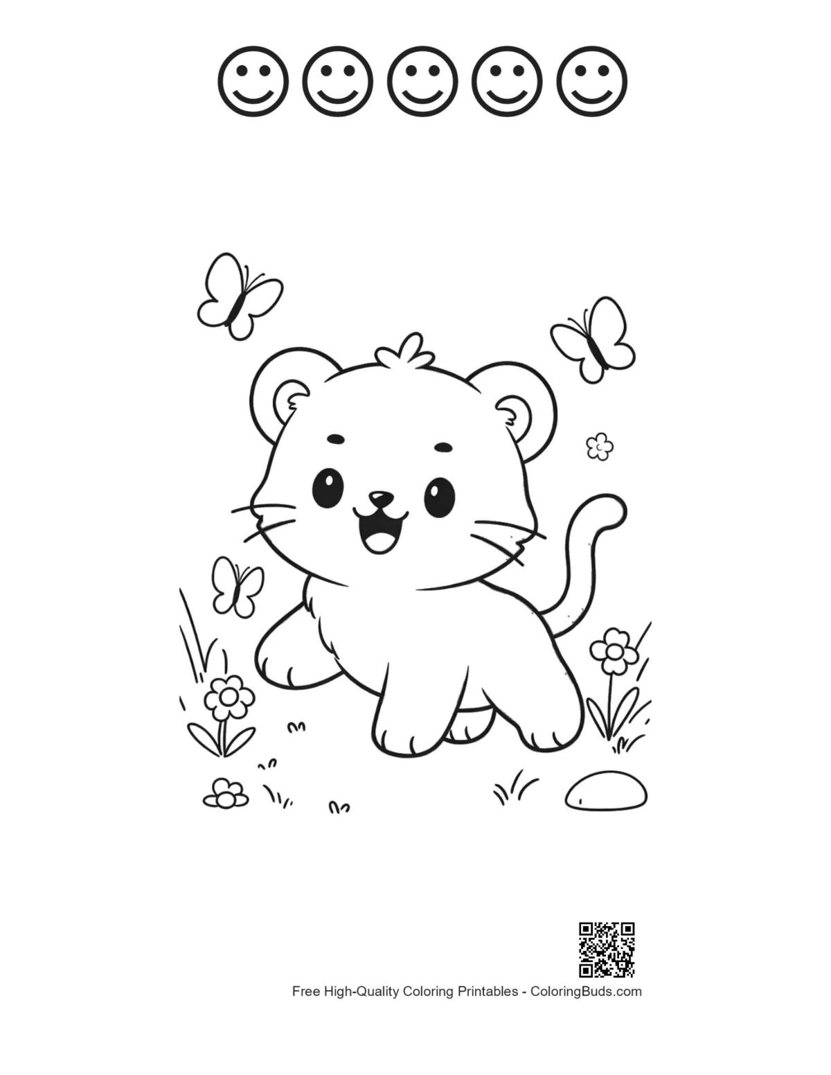 Baby white tiger flowers 5 happy face outline page