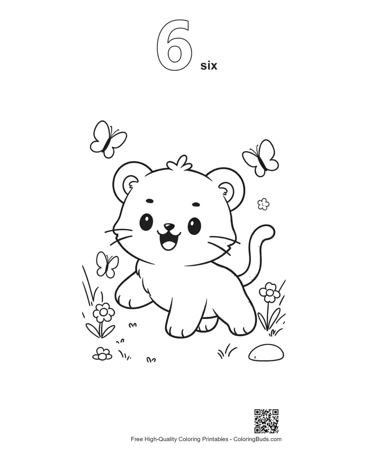 White tiger cub flowers outline number 6 coloring page