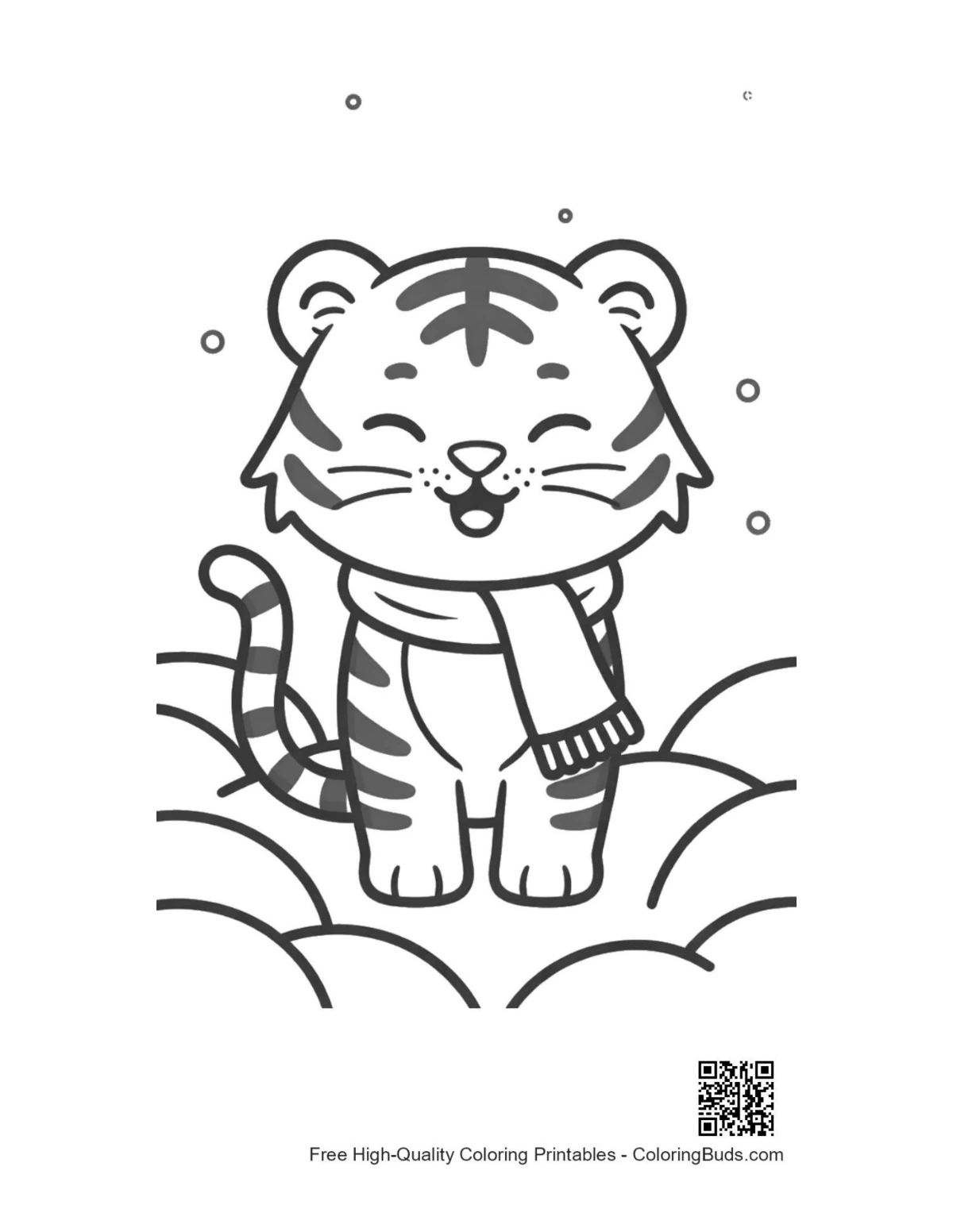 Cheerful white tiger cub snowy field printable
