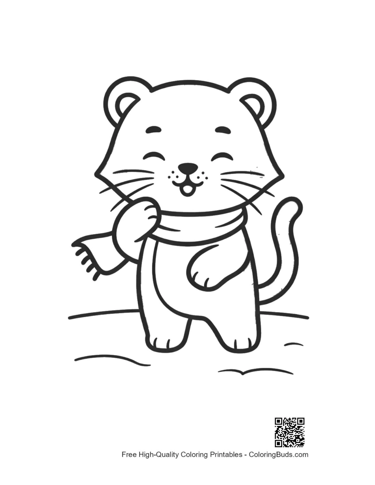Cute baby white tiger in winter coat enjoying cold printable coloring page