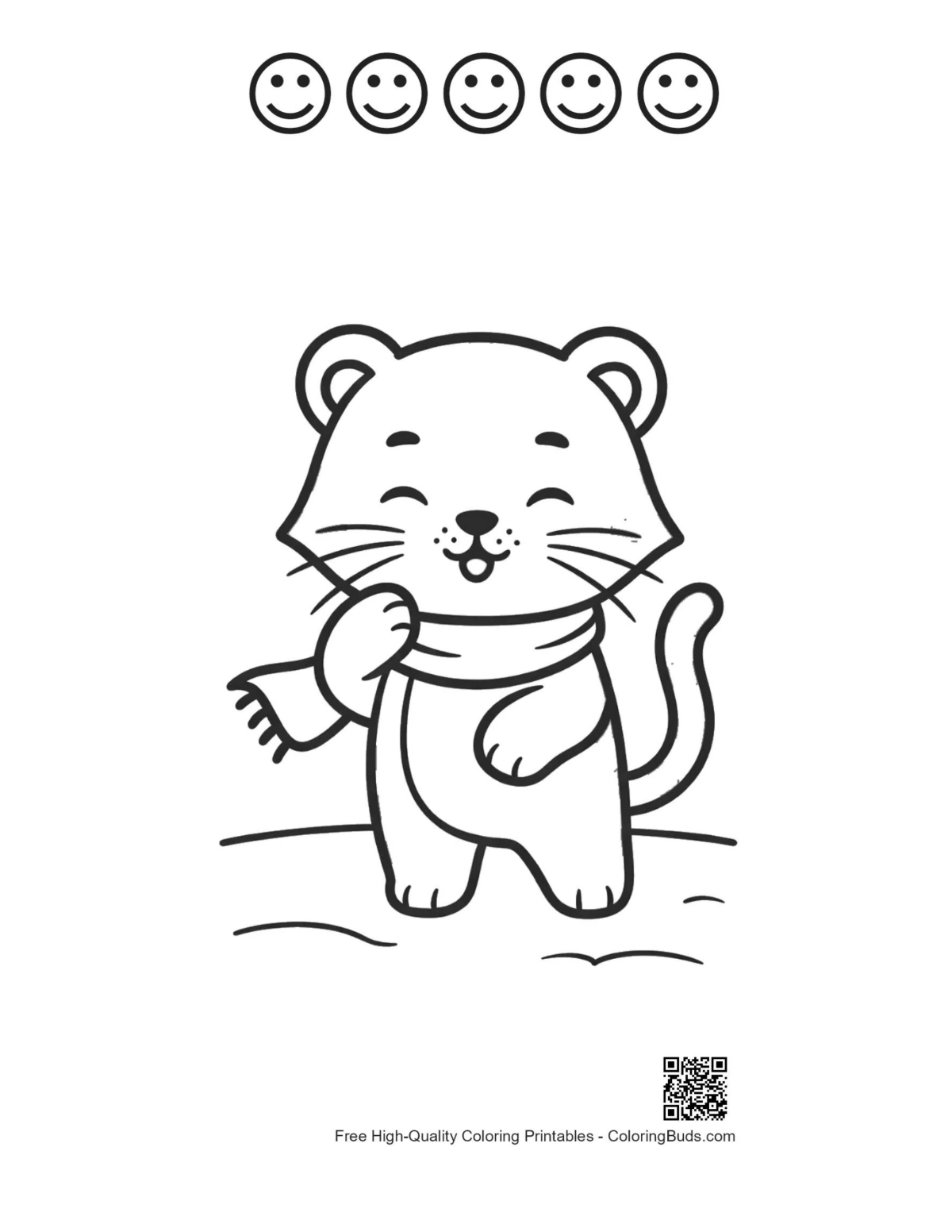 Baby white tiger winter coat enjoying cold with 5 happy faces outline printable