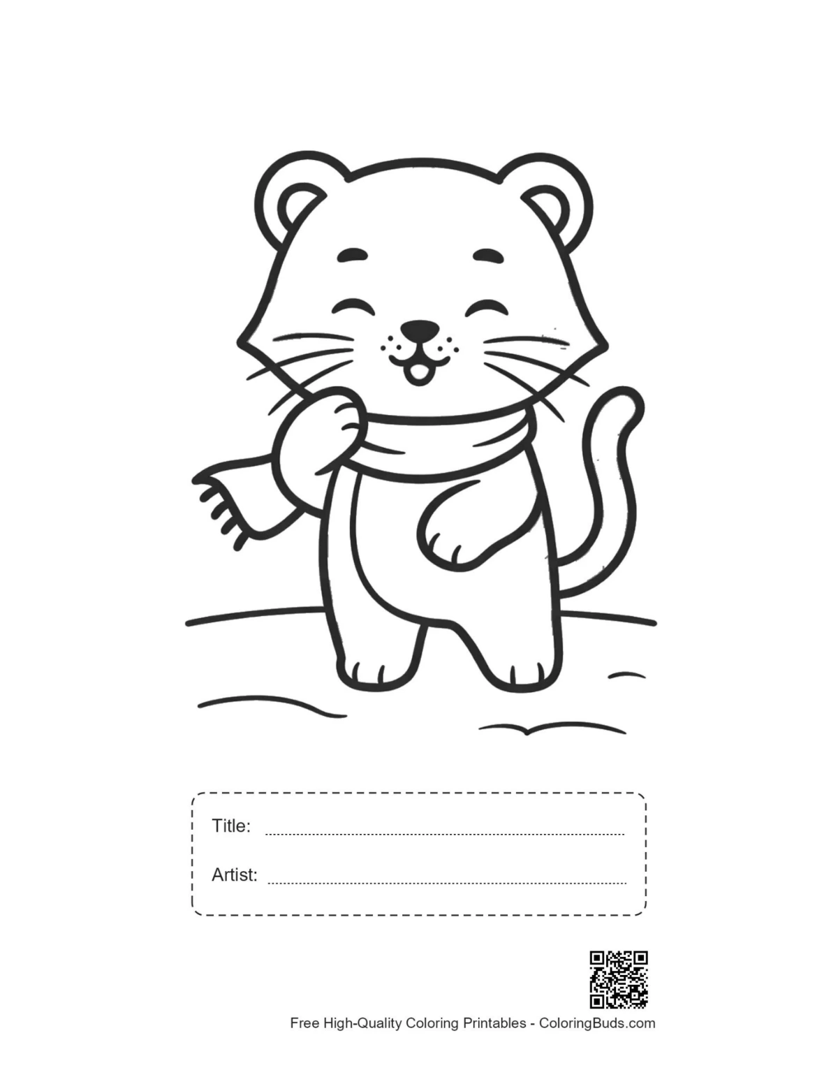 Cute baby white tiger winter coat printable with title artist box coloring page