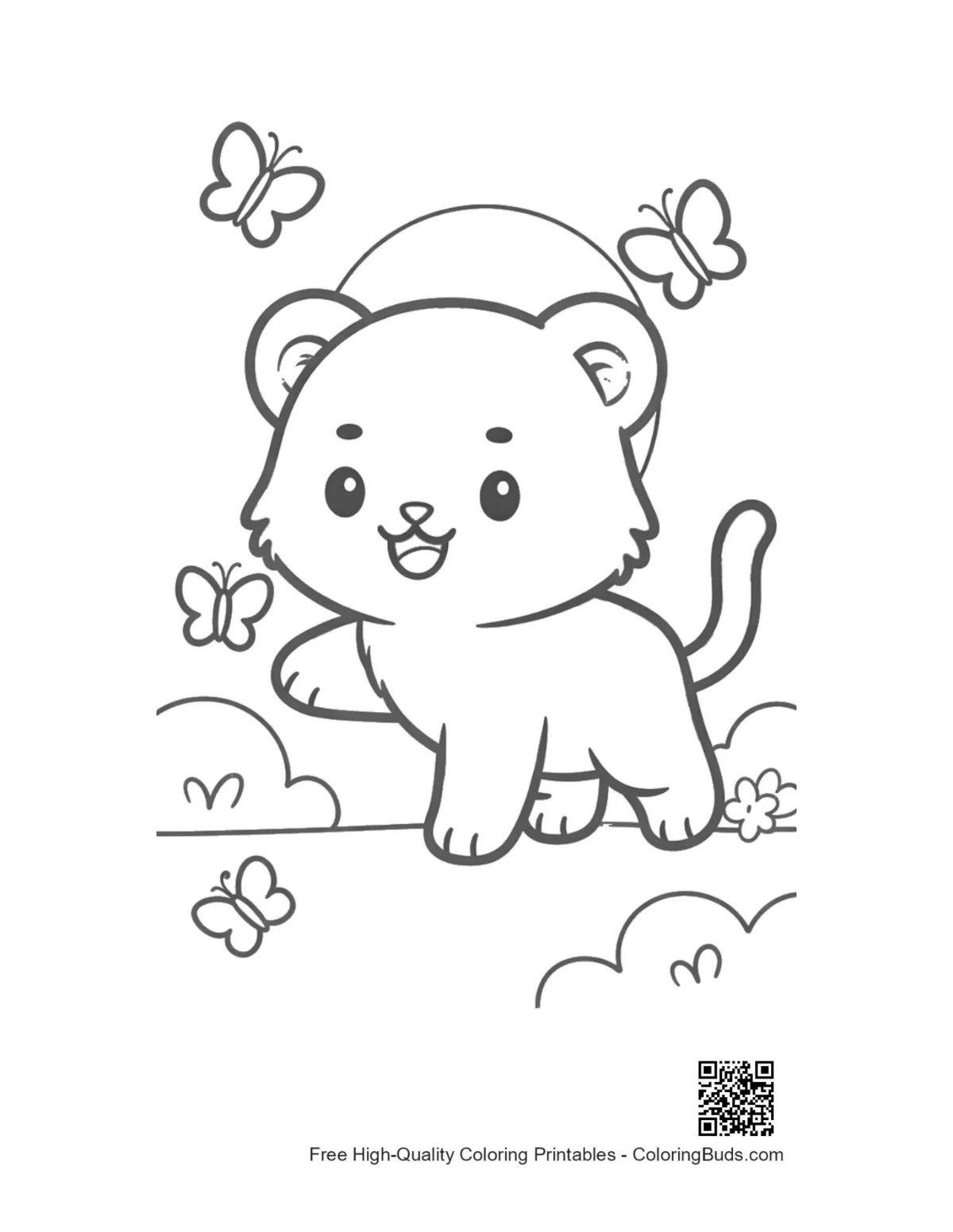 Cute white tiger cub chasing butterflies printable