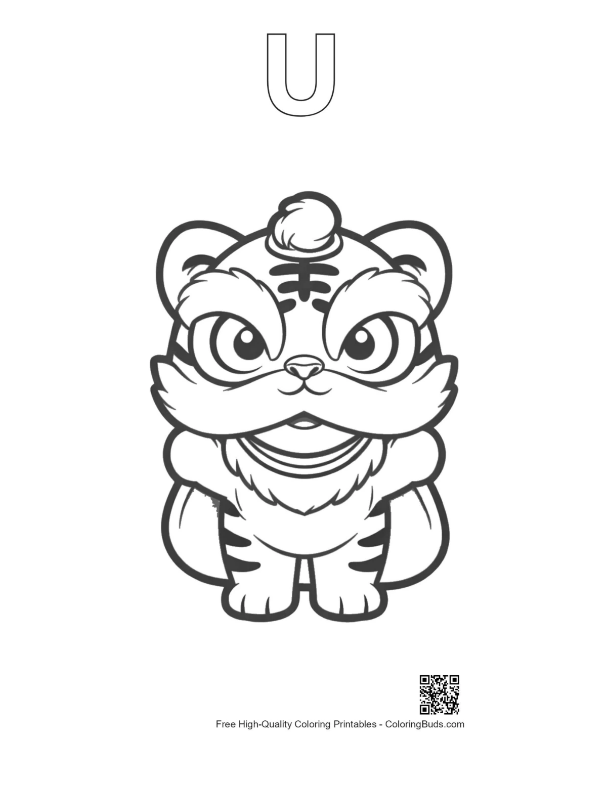 White tiger cub lion dance outline with alphabet U