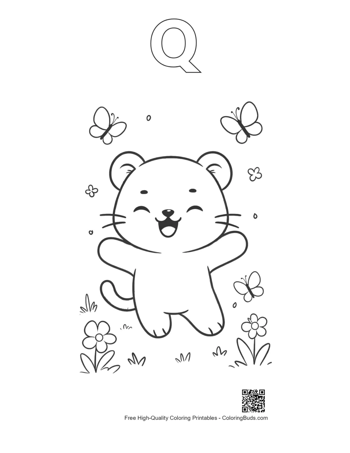 Baby white tiger meadow printable with Q outline