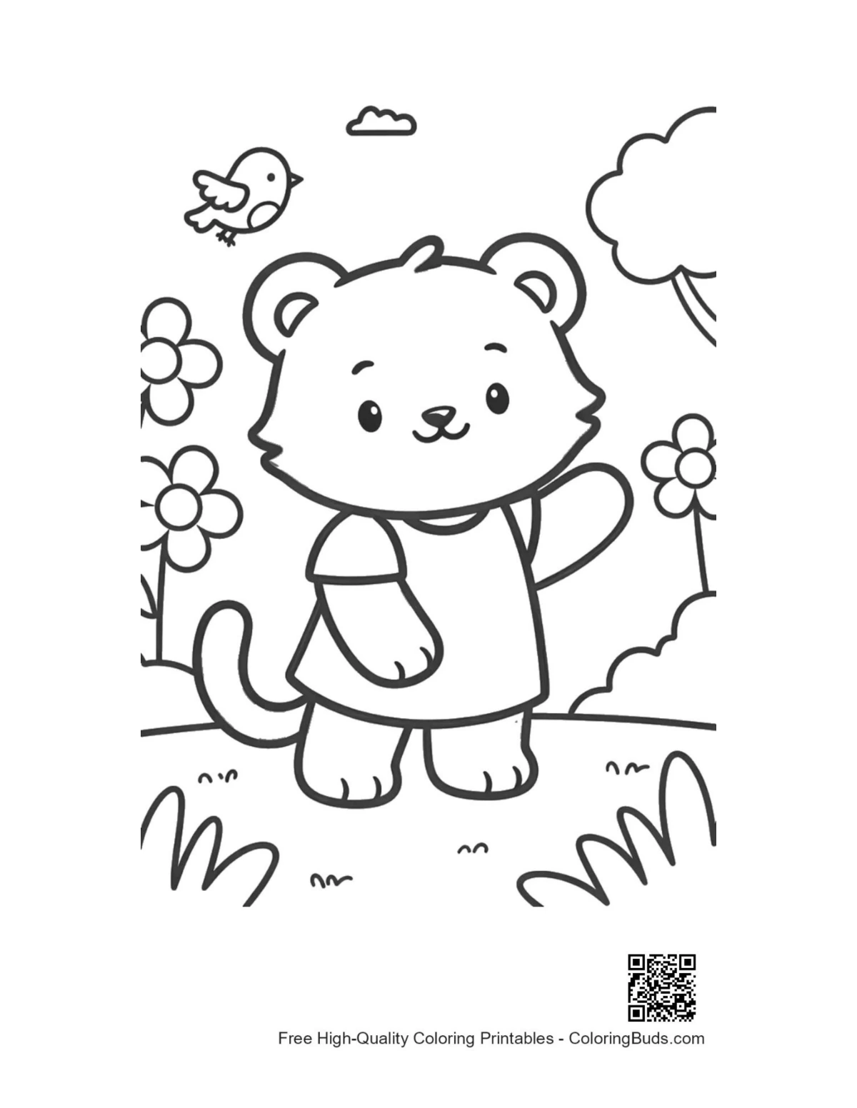 Cute white tiger cub girl waving printable coloring page