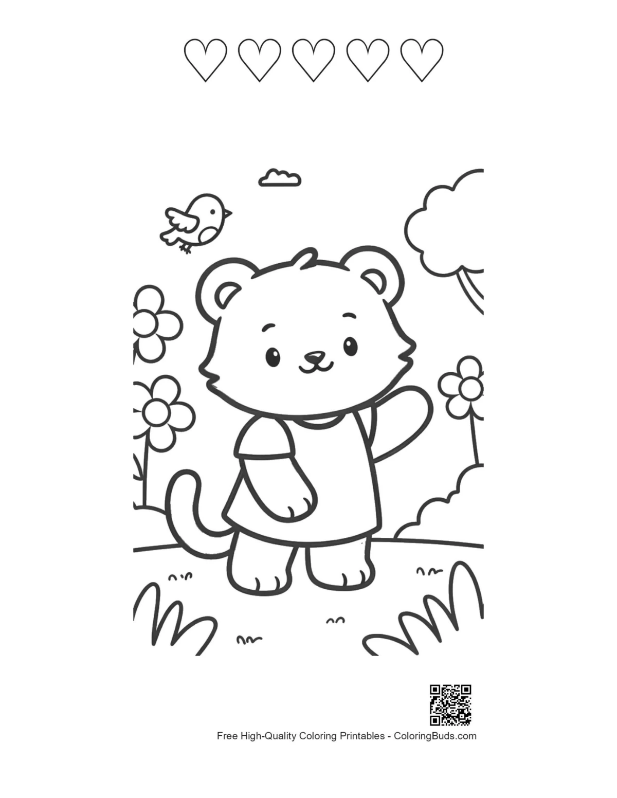 Cute tiger cub girl waving 5 hearts outline coloring page