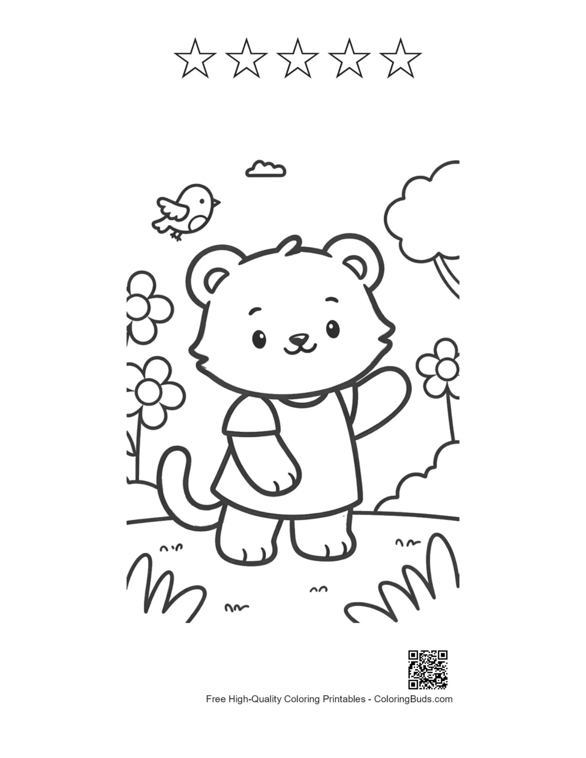 White tiger cub waving with 5 star outline printable