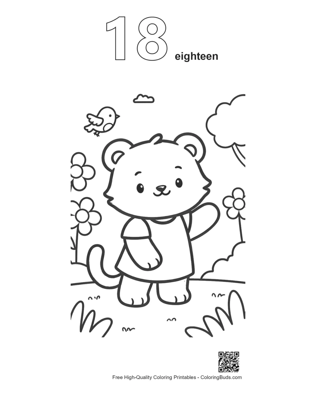 Tiger cub girl waving outline number 18 coloring sheet