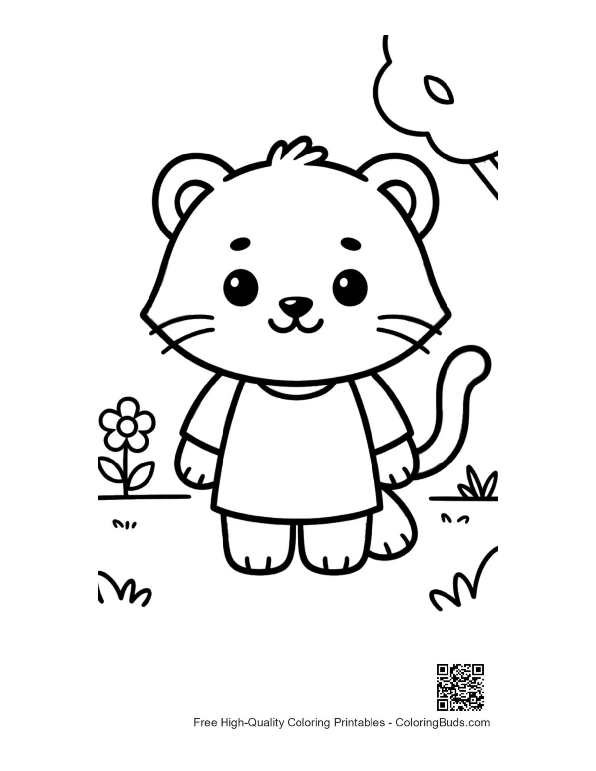 Cute white tiger cub in dress by fence coloring page