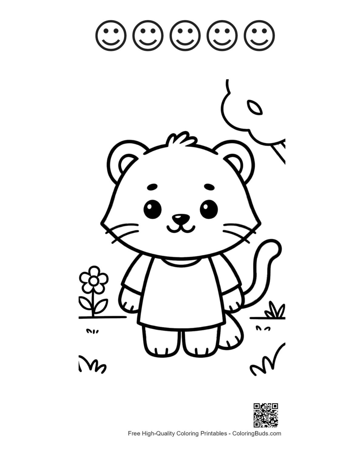 Tiger cub coloring with 5 happy faces outlines