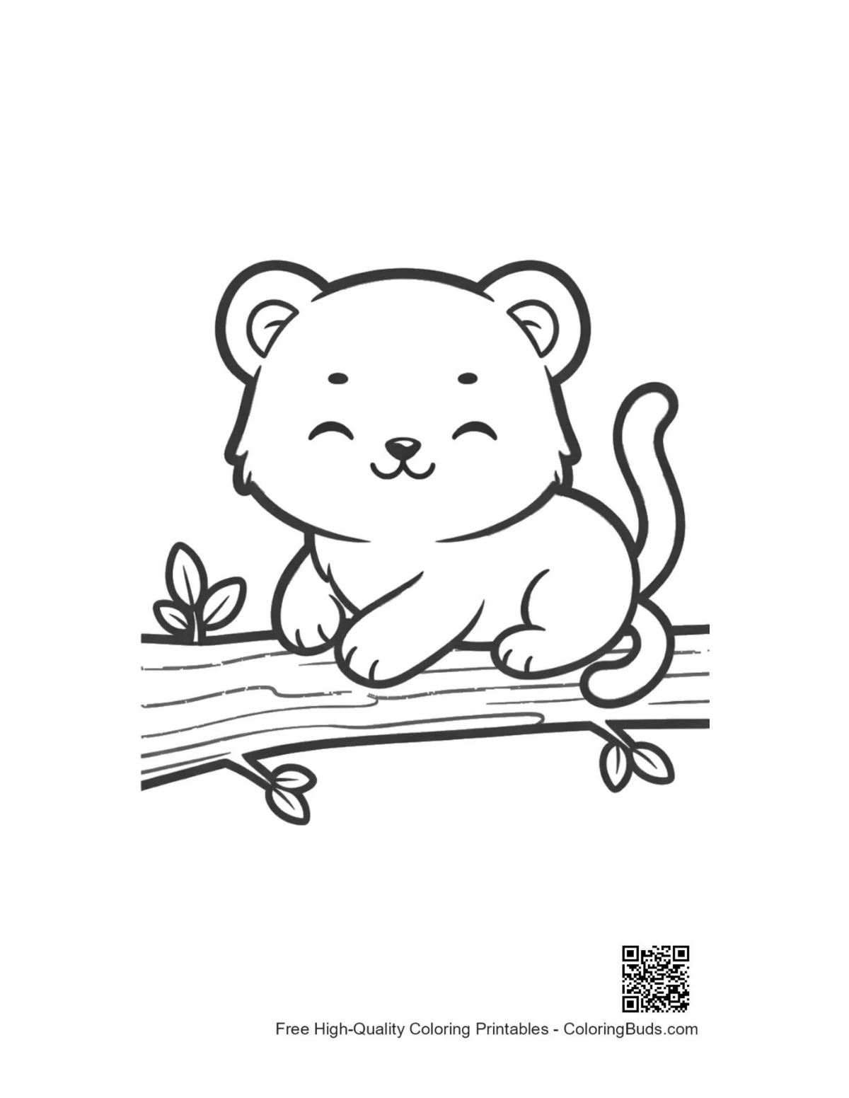Cute white tiger cub on log coloring page