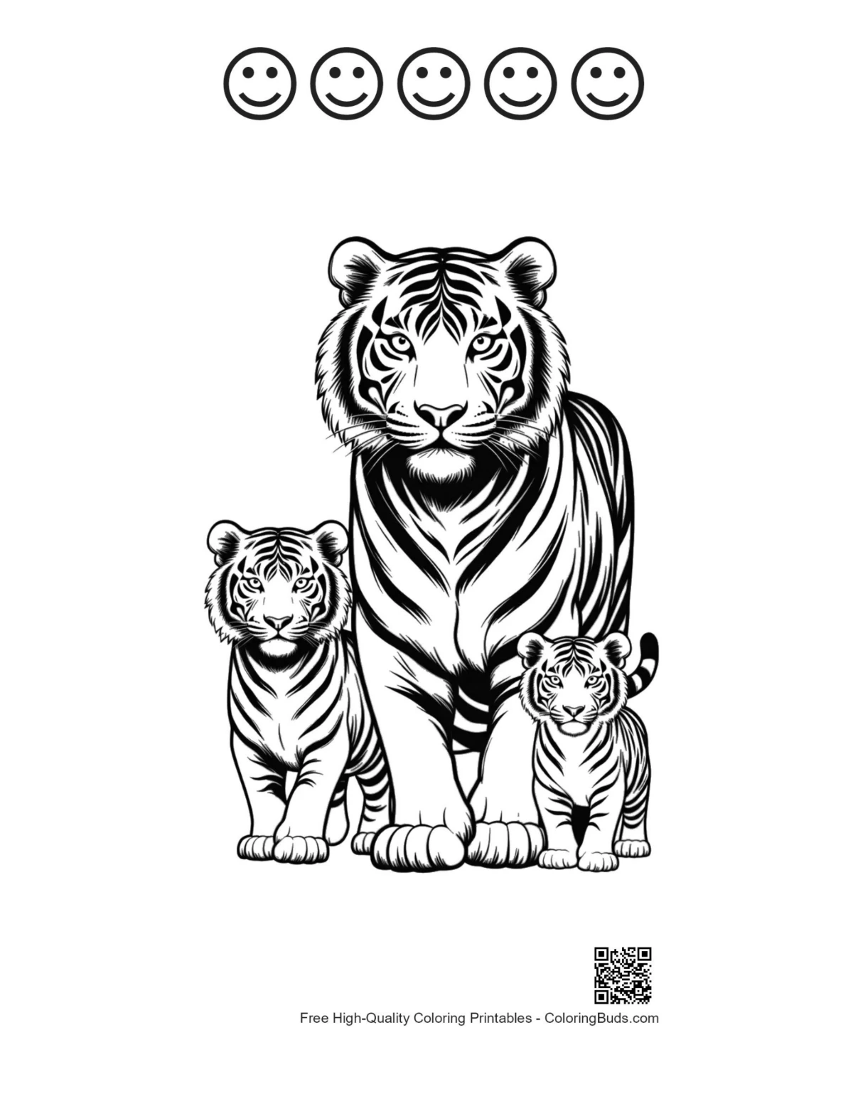 White tiger line art with 5 happy faces printable