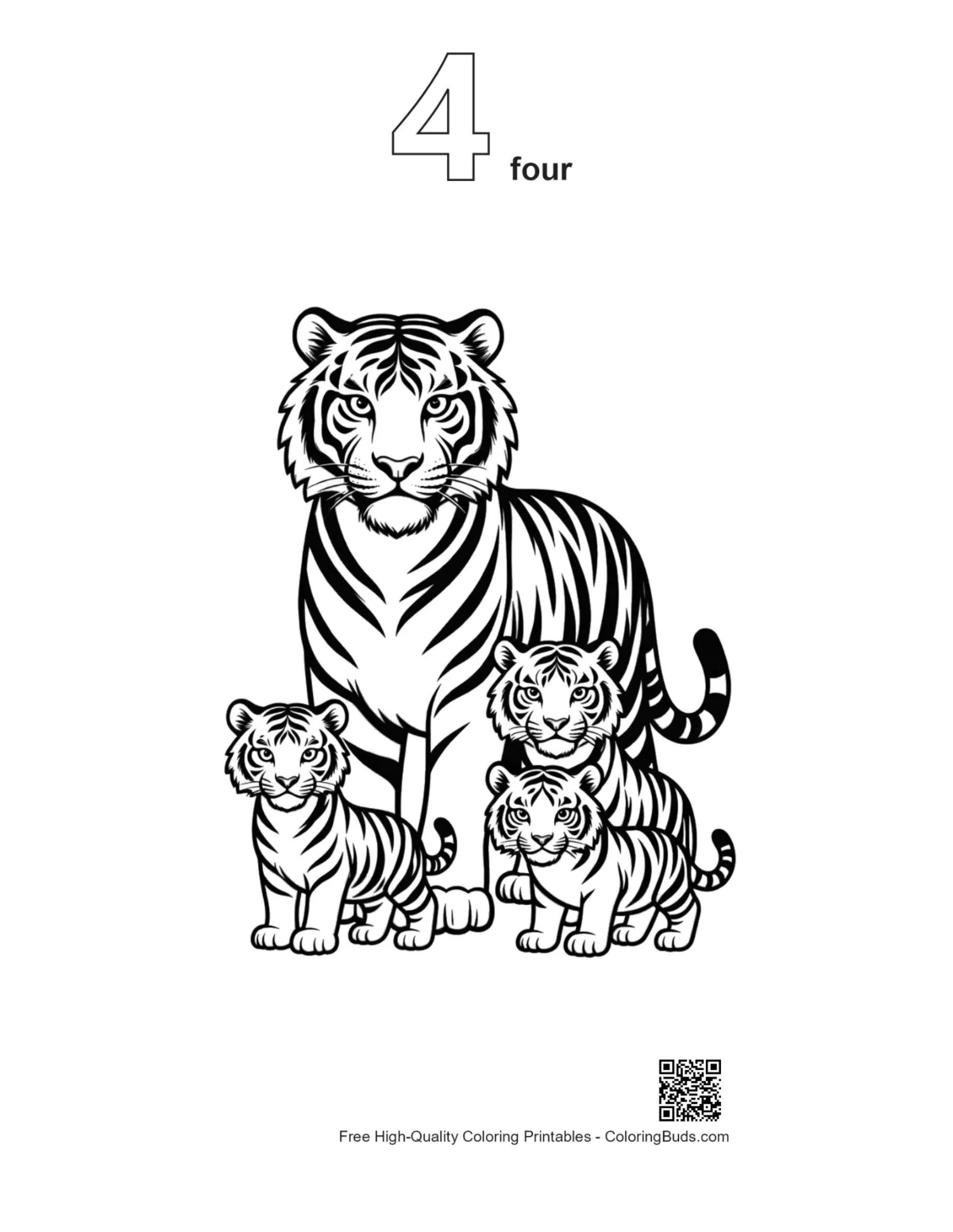 White tiger mother cubs outline numbered 4