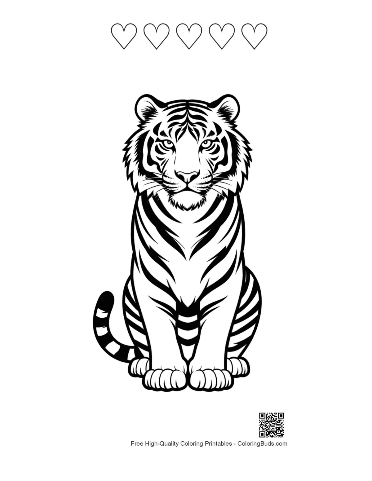 White tiger portrait with heart outlines printable