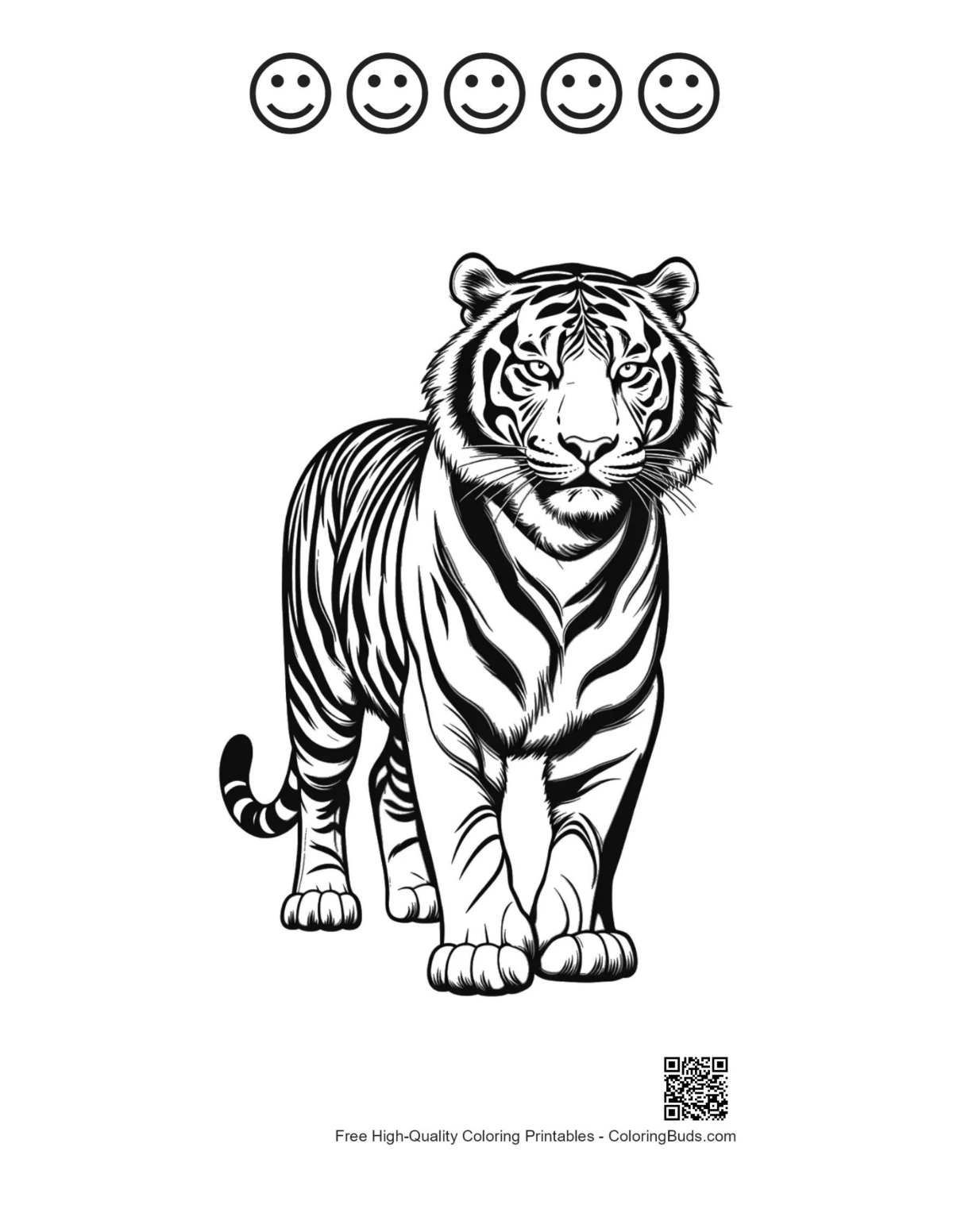 White tiger with 5 happy faces outline print