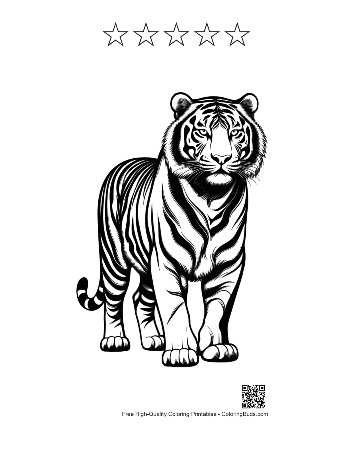 White tiger with 5-star outline printable