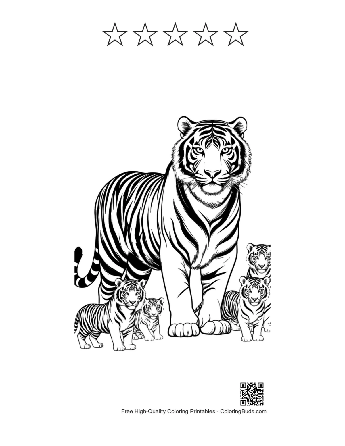 White tiger with 5 star outline printable