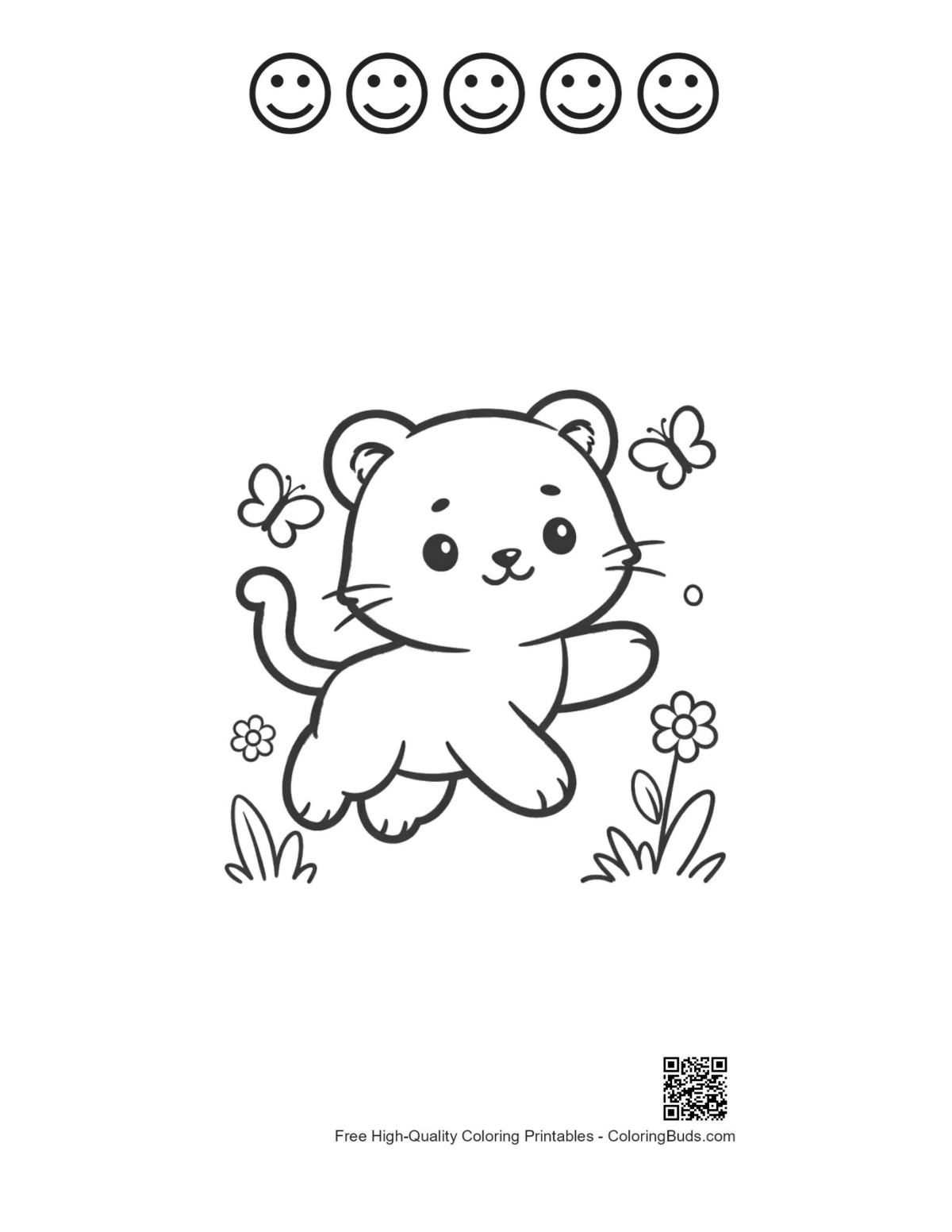 White tiger cub flying with 5 happy face outlines printable