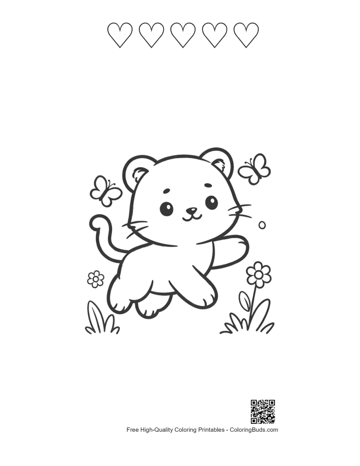 Baby white tiger flying printable with 5 heart outlines