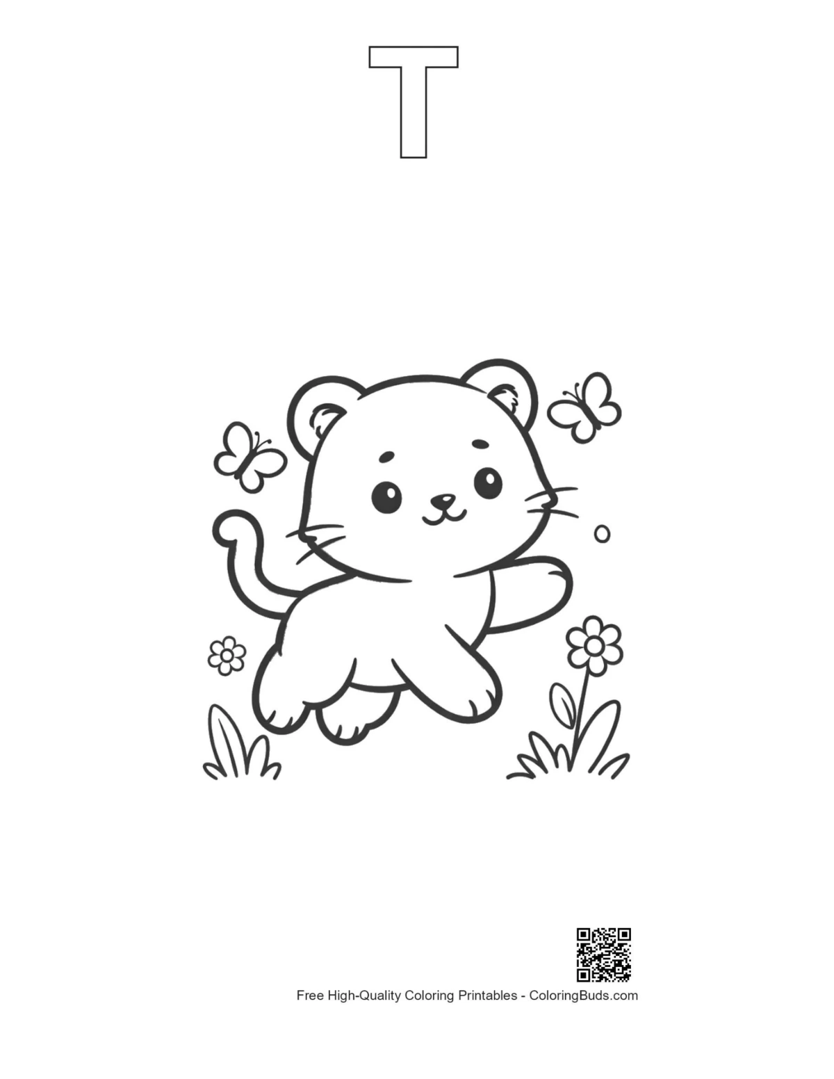 White tiger cub flying printable with alphabet T outline