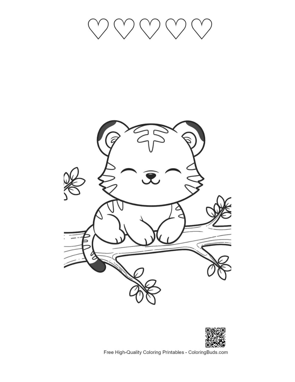 Baby tiger cub on tree limb with 5 heart outlines