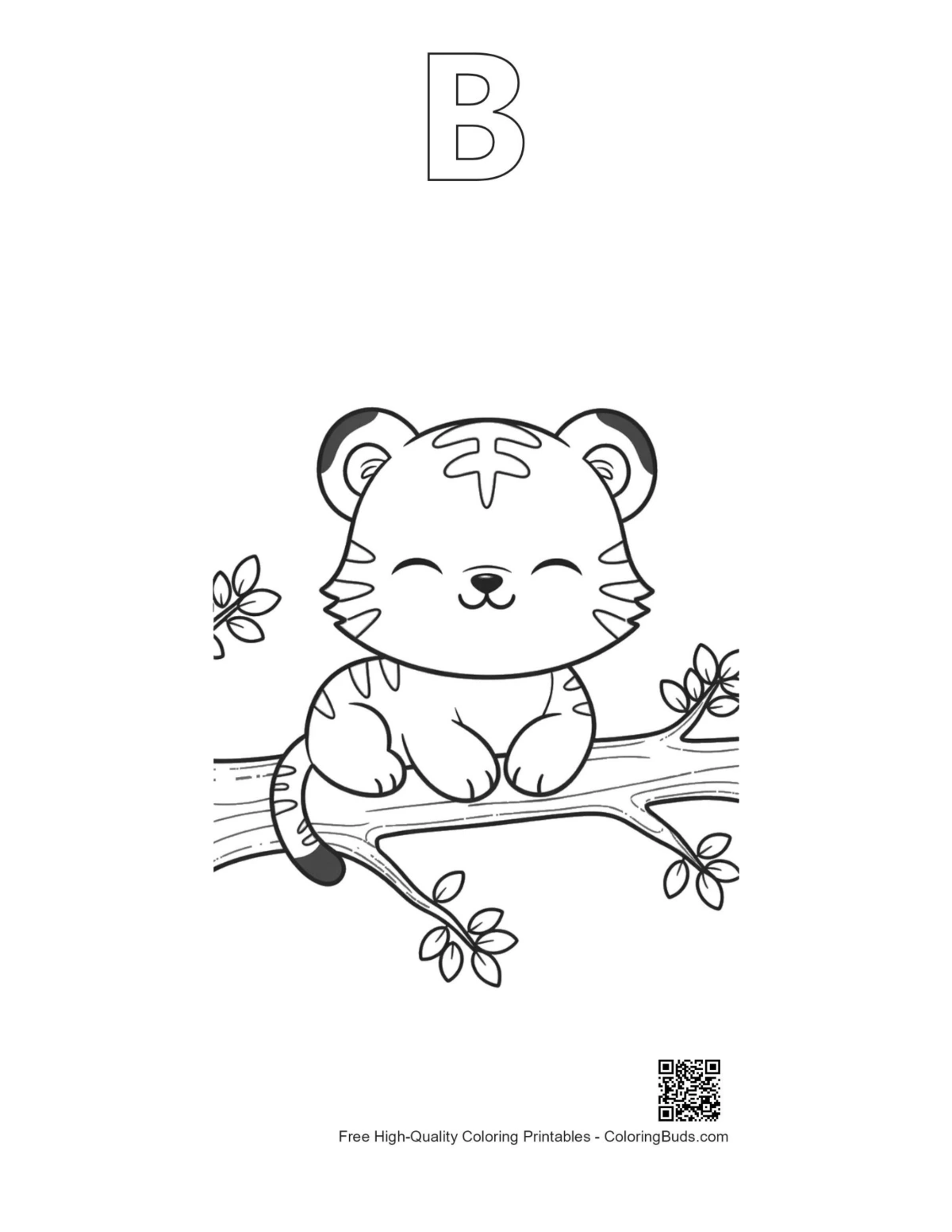 Baby tiger cub outline with alphabet B on tree limb
