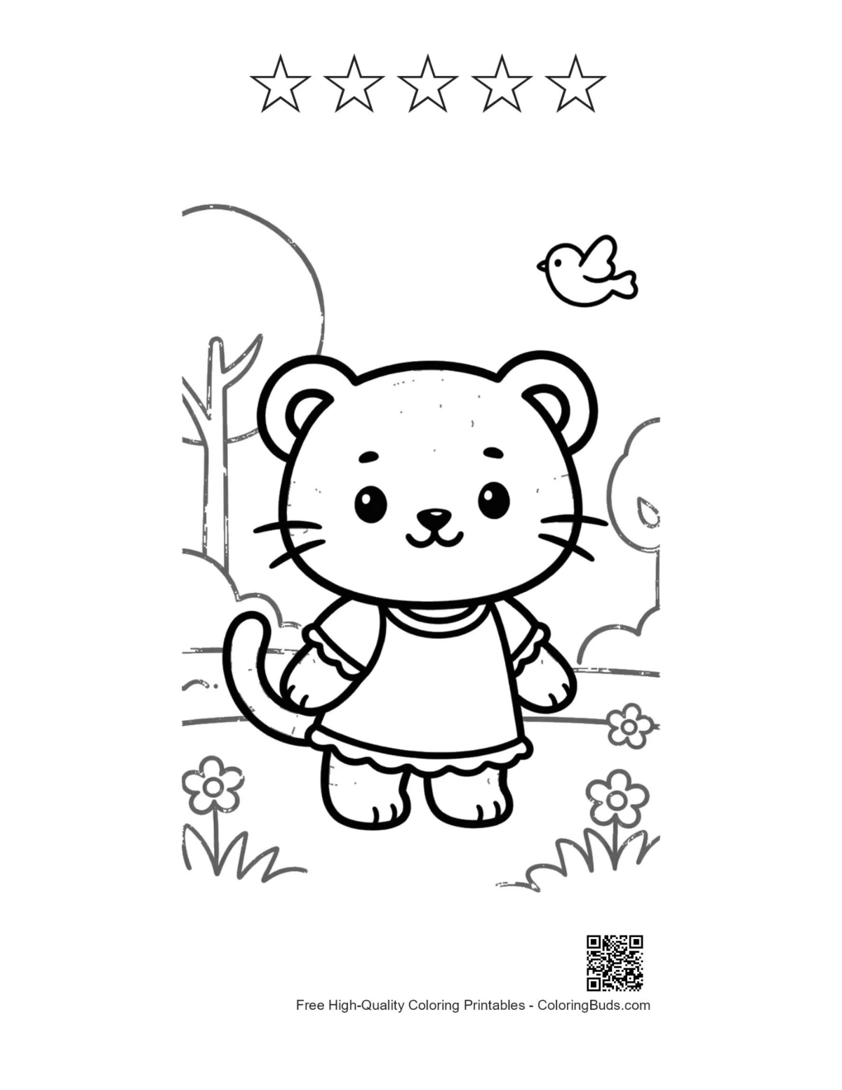White tiger cub printable with 5 star outlines