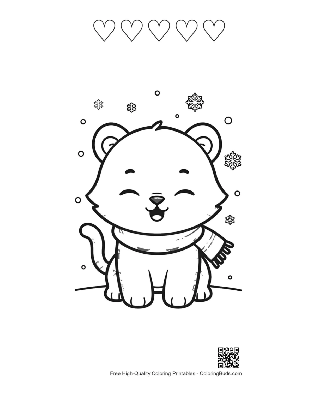White tiger with 5 hearts outline for kids print