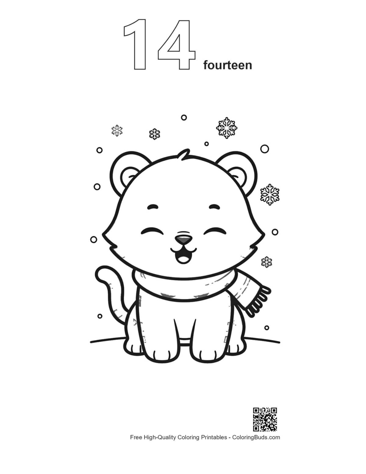 White tiger outline number 14 printable for kids