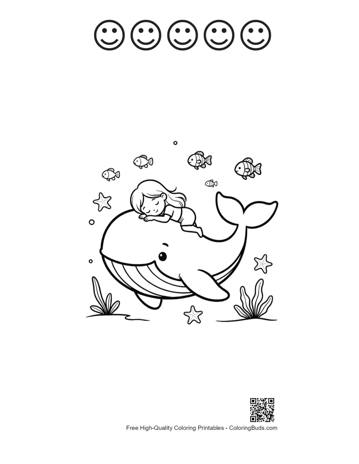 Blue whale girl fish with 5 happy faces outline