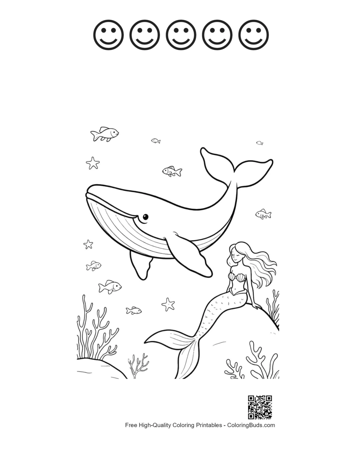 Blue whale mermaid printable 5 happy faces outline