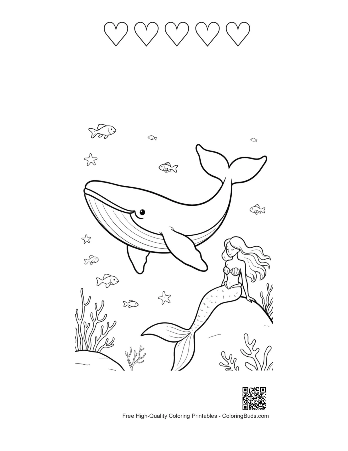 Blue whale mermaid sun printable 5 hearts outline
