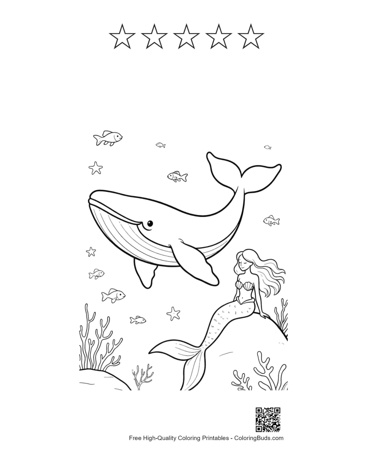 Blue whale mermaid sun printable with 5 stars