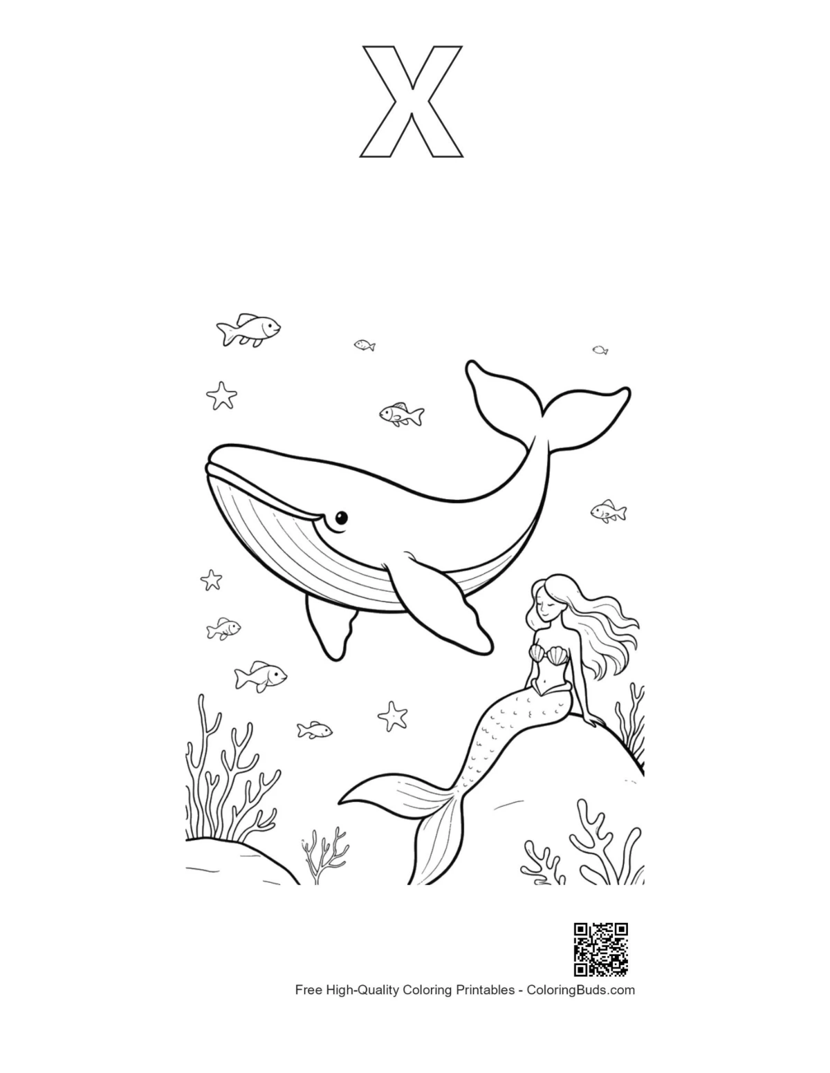 Blue whale mermaid sun printable alphabet X outline