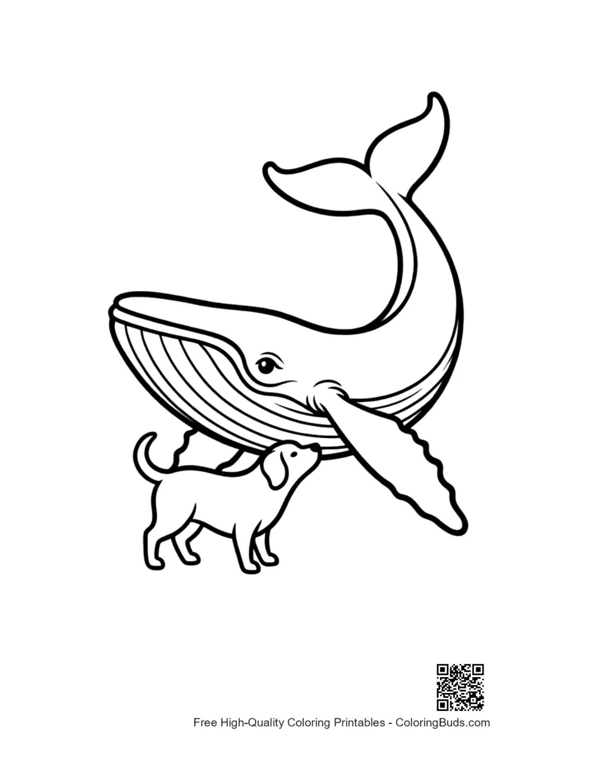 Adorable blue whale and puppy friendship coloring page
